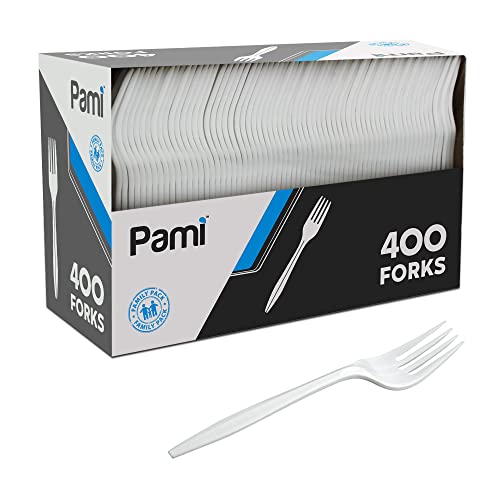 PAMI Medium Weight Disposable Plastic Forks,White,Bulk Pack for Parties,400