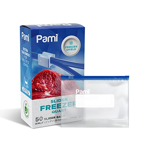 PAMI Slider Freezer Bags Quart Size with Expandable Bottom, Leakproof and Food-Safe, Pack of 50