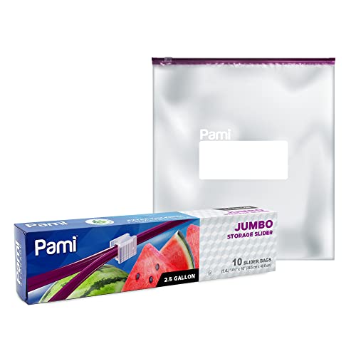 PAMI Jumbo 2.5 Gallon Slider Storage Bags, 10-Pack Leakproof Reusable Freezer Bags with Bottom, Write-On Label, Food Safe Zipper Bags