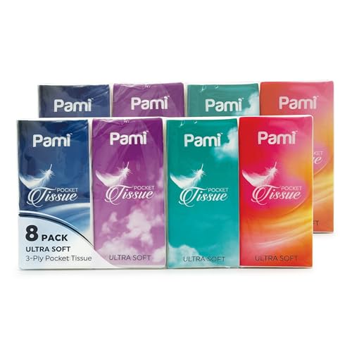 PAMI Ultra-Soft 3-Ply Pocket Tissues,Portable,Strong & Absorbent,8 x 10 Ct