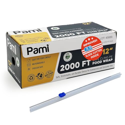 PAMI Plastic Food Wrap 12 in x 2000 ft with Slide Cutter,BPA Free,Microwave
